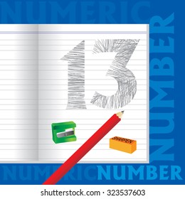 creative thirteen numeric number sketch by pencil school concept vector illustration 