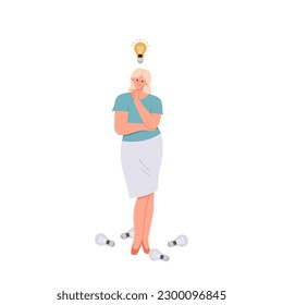 Creative thoughtful woman brainstorming searching inspiration, brilliant idea and good solution