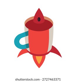 Foguete de xícara de café tridimensional criativo voando para cima com energia divertida isolado no fundo branco