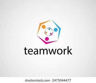 creative three people in a circular hexagon shape holding hands logo design