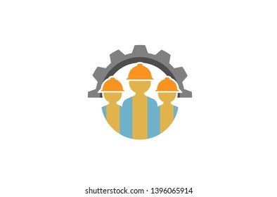 Creative Three People Team Gear Logo Design Illustration