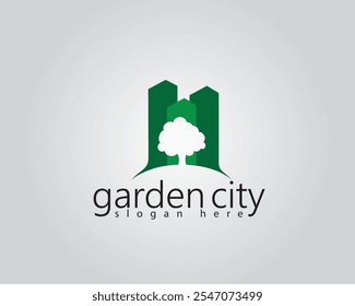 creative three tall buildings with tree shadows in the middle logo