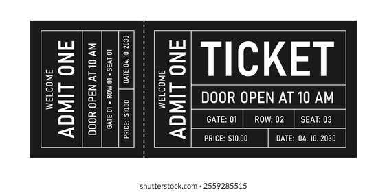 Creative ticket isolated on black background. Vintage Admit One Ticket Template