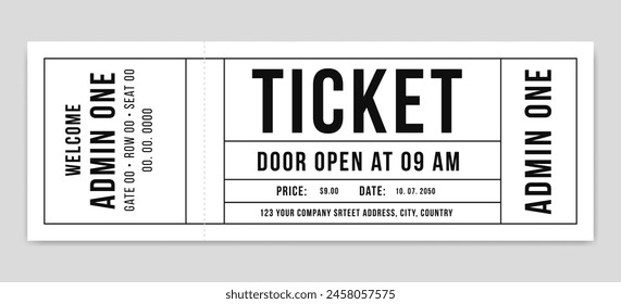 Ticket creativo aislado sobre fondo blanco. Cupón de papel negro retro para evento, Cupón de cupones de descuento, Concierto, película, rifa, pase en blanco de carnaval,