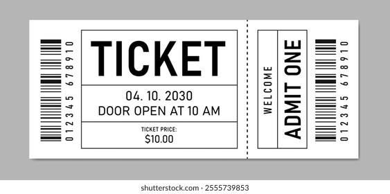 Creative ticket isolated on white background. Retro white paper coupon for event, Concert, movie, raffle, carnival blank entry pass,