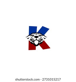 Creative Tigerkopf Maskottchen kombiniert mit Alphabet K Buchstabe. Kühnes und aggressives Tierporträt für Spiele, Bekleidung und Unternehmensidentität.