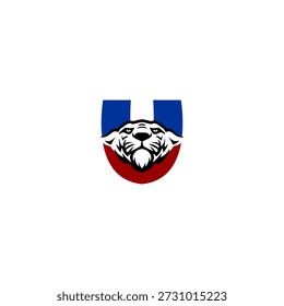 Mascota creativa de cabeza de tigre combinada con la letra U del alfabeto. Retrato de animales audaz y agresivo para juegos, ropa e identidad corporativa.