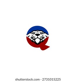 Mascota creativa de cabeza de tigre combinada con la letra Q del alfabeto. Retrato de animales audaz y agresivo para juegos, ropa e identidad corporativa.