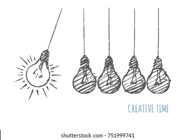 Creative time concept. Five hanging bulbs. Perpetual motion.Vector business hand drawn sketch…