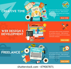 Creative Time, Freelance and Webdesign and Development concept banners. Horizontal composition, vector illustrations