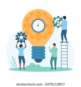 Creative time management ideas, workflow setup. Tiny people with gears customize clock inside bright light bulb machine, employees study task organization for improvement cartoon vector illustration