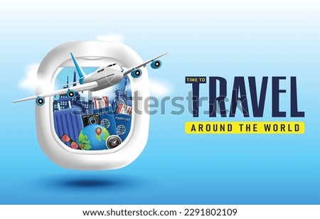 Creative Time to Travel 3D Realistic Design Plane Window with Luggage and Globe together with Passports and Travel Pass with Landmarks and Airplane on the Clouds. Vector Illustration