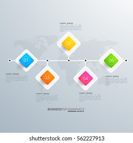 Diseño gráfico de línea de tiempo creativo con elementos de forma cuadrada en el mapa mundial para empresas.