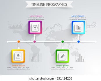 Creative Timeline Infografik Layout mit verschiedenen bunten Statistikleisten, Diagrammen und Grafiken für Geschäftsberichte und Präsentation auf Weltkarte Hintergrund.