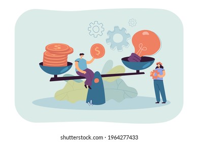 Creative tiny people giving price for idea with scales flat vector illustration. Cartoon character buying innovation and paying money. Comparison, startup valuation and assessment concept