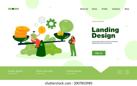 Creative tiny people giving price for idea with scales flat vector illustration. Cartoon character buying innovation and paying money. Comparison, startup valuation and assessment concept