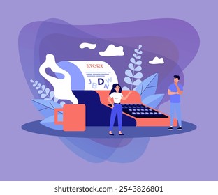 Creative tiny writers writing chapter of book isolated flat vector illustration. Cartoon poetry or novel authors imagination thinking on ideas. Literature and imagination concept