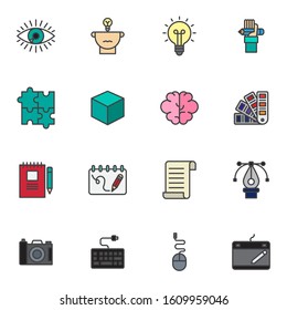 Creative tool filled outline icons set, line vector symbol collection linear colorful pictogram pack. Signs, logo illustration, Set includes icons as puzzle, eye vision, lamp, drawing tablet, pen tool