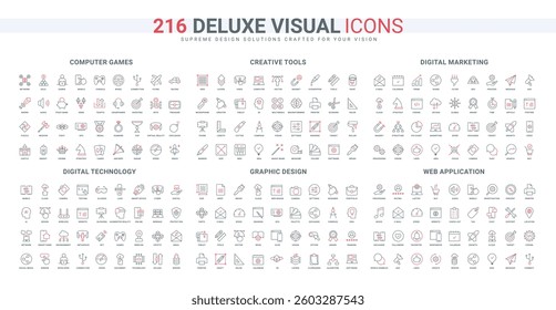 Creative tool and graphic design, idea generation for web application, video game line icon set. Marketing, email and social media advertising thin black and red outline symbols vector illustration