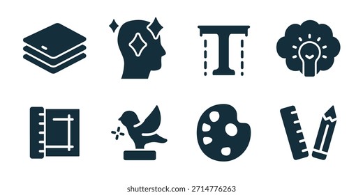 Creative tools and art excellent icon collection. Layers stack, creative head, typography letter, idea bulb, sketchbook, bird statue, paint palette, ruler pencil