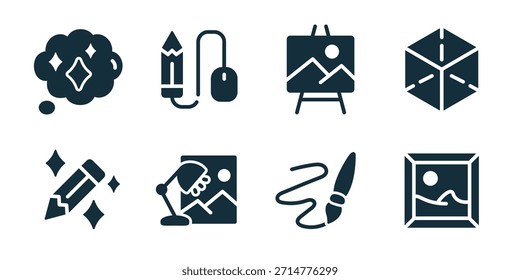 Ferramentas criativas e arte excelente coleção de ícones. Nuvem de ideia, mouse lápis, cavalete arte, caixa de cubo, varinha mágica, mesa de desenho, pincel de pintura, moldura de foto