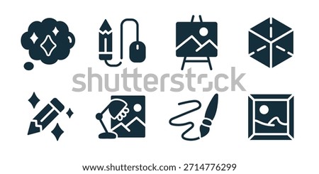 Creative tools and art excellent icon collection. Idea cloud, pencil mouse, art easel, cube box, magic wand, drawing tablet, paint brush, photo frame