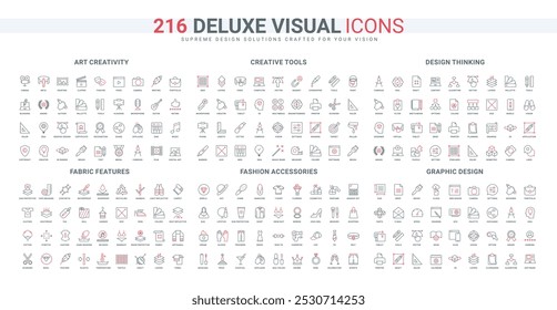 Creative tools for art and graphic design, fabric features of fashion clothes, accessory line icon set. Creativity and modern thinking of artist thin black and red outline symbols vector illustration