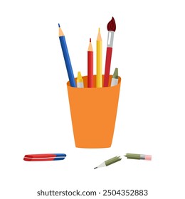 Creative tools in cup. Colored pencils, brush, crayons. School holder case. Stationery isolated on white background. Office stationery tool collection. Container tools. Flat vector illustration.