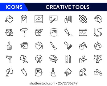 Creative Tools icon set Icon Collection. Includes art, blueprint, camera, canvas, color sample, and More. Outline icons vector collection.