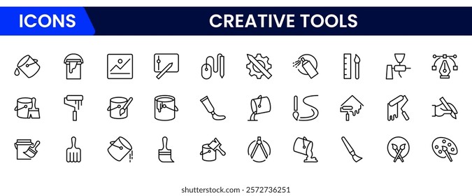 Creative Tools icon set Icon Collection. Includes art, blueprint, camera, canvas, color sample, and More. Outline icons vector collection.