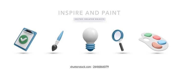 Creative Tools Icons Including Brush, Palette, Light Bulb, Magnifying Glass, and Checklist in a Minimal 3D Style. Perfect for Art, Innovation, or Design Projects. Vector Illustration.