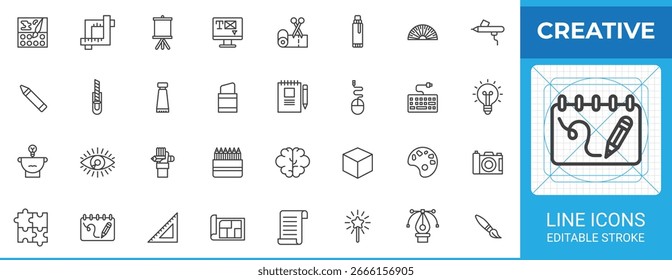 Creative tools line icon set. Modern vector outline pack featuring camera, paintbrush, color palette, pen nib, design monitor, lightbulb, scissors, tripod, and vector ruler symbol icons.