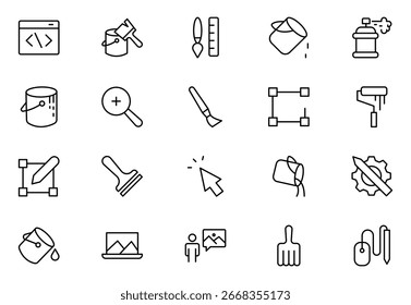 Gliederungssymbolsatz für Creative Tools. Umfasst Kunst, Blaupause, Kamera, Leinwand, Farbmuster und mehr. Paket mit dünnen Gliederungssymbolen. Vektorgrafik. editierbarer Strich