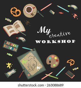 Creative tools set for artist. Vector illustration.