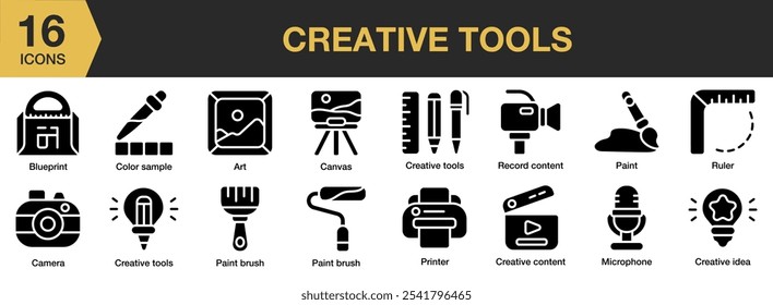 Creative Tools solid icon set. Includes art, blueprint, camera, canvas, color sample, and More. Solid icons vector collection.