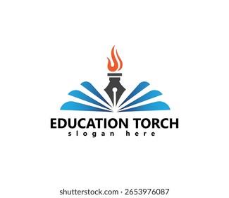Logotipo creativo de la educación de la antorcha, un bolígrafo con un fuego en él está en medio de una inspiración abierta del diseño del logotipo del libro