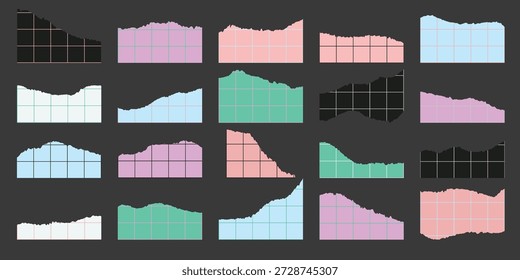 Creative torn paper scraps featuring distinct grid and graph line structures various shapes and sizes isolated set. Colorful strips with ripped edges lined with squares designs vector illustration