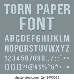 Creative torn paper style bold font vector with uppercase alphabet, numbers, and punctuation. Rough edge ripped letter design for posters, collage, and grunge art. Torn Paper Style Bold Vector Font
