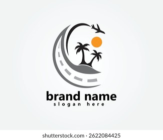 creative tour and travel logo a combination of palm trees, highways and airplanes in one circle complete with the sun, logo design template