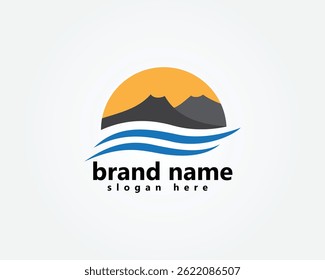 criativo passeio e viagem logotipo montanha e duas ondas de água abaixo, inspiração de design de logotipo