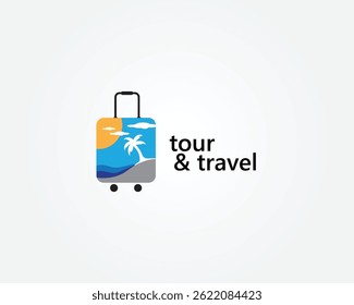 creative tour and travel logo suitcase with beach view image, logo design inspiration