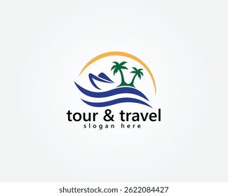 creative tour and travel logo water waves and palm trees with speedboat abstract logo design template