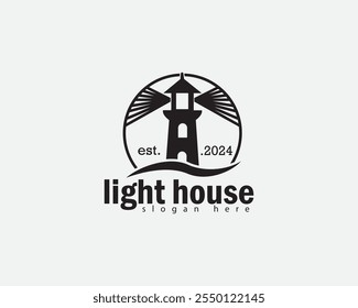 creative tower light house with black waves underneath logo design