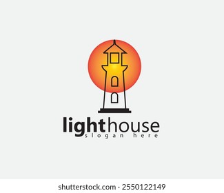 creative tower light house with line concept with sunset logo design