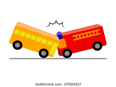 Creative toy blocks, bus with passengers crashed a fire truck. Vector illustration isolated on white background. Road accident concept.