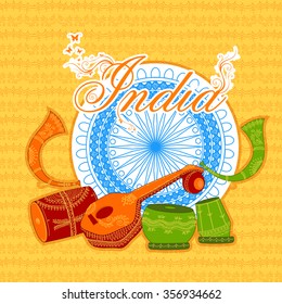 Creative traditional Musical Instruments with Ashoka Wheel on floral design decorated background for Happy Indian Republic Day celebration.