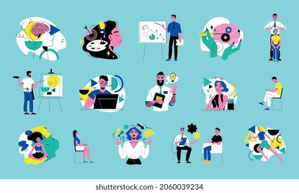 Creative trainer color set with energy flow symbols flat isolated vector illustration