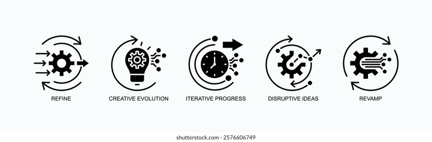 Creative Transformation Icon Set Isolated Vector With Icon Of Refine, Creative Evolution, Iterative Progress, Disruptive Ideas, Revamp In Glyph Style