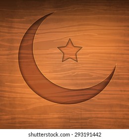 Luna transparente creativa y estrella sobre fondo de madera para el festival de la comunidad musulmana, Eid Mubarak u otra celebración del evento.