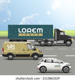 Creative transport advertising design with pattern from dots. Templates of the truck, bus and passenger car. Corporate identity